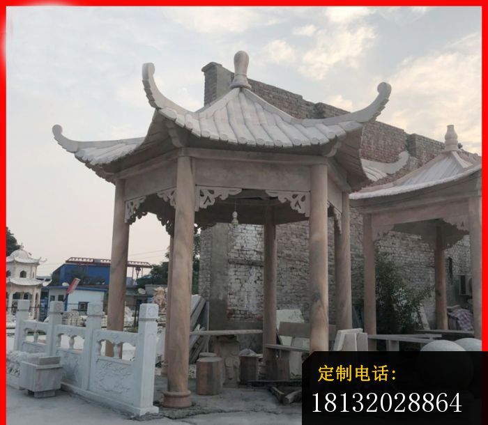 晚霞红六角凉亭石雕 公园石雕凉亭_700*610