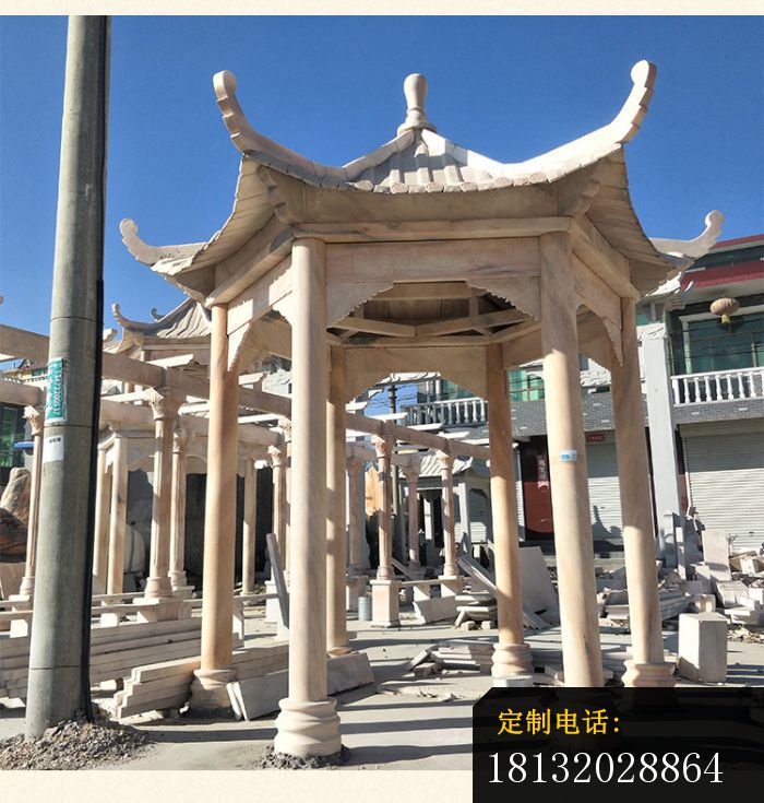 晚霞红六角凉亭石雕，公园石亭子_700*735