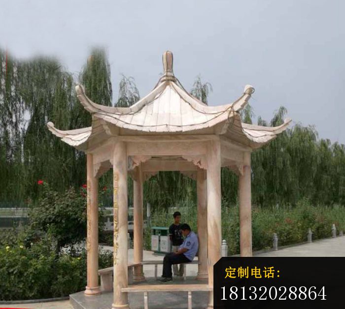 晚霞红六角凉亭石雕，公园石亭子 (6)_700*628