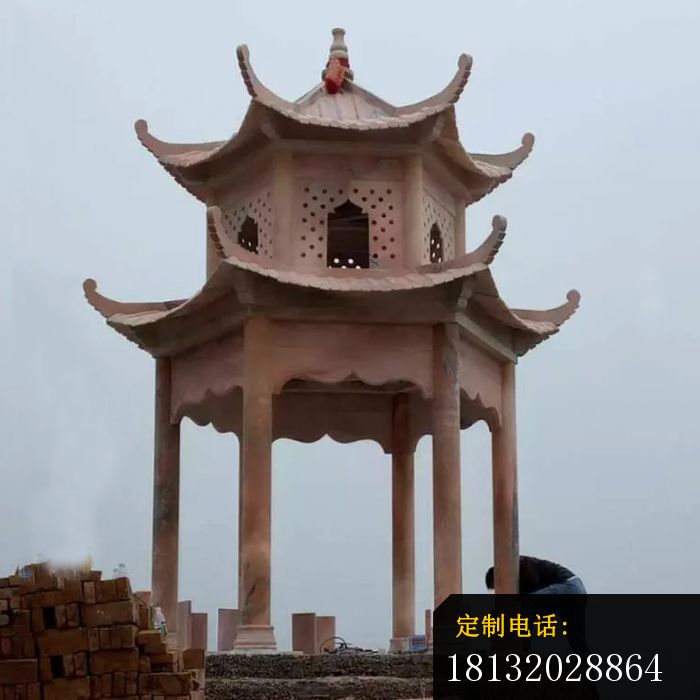 晚霞红六角凉亭石雕，公园双层凉亭石雕_700*700