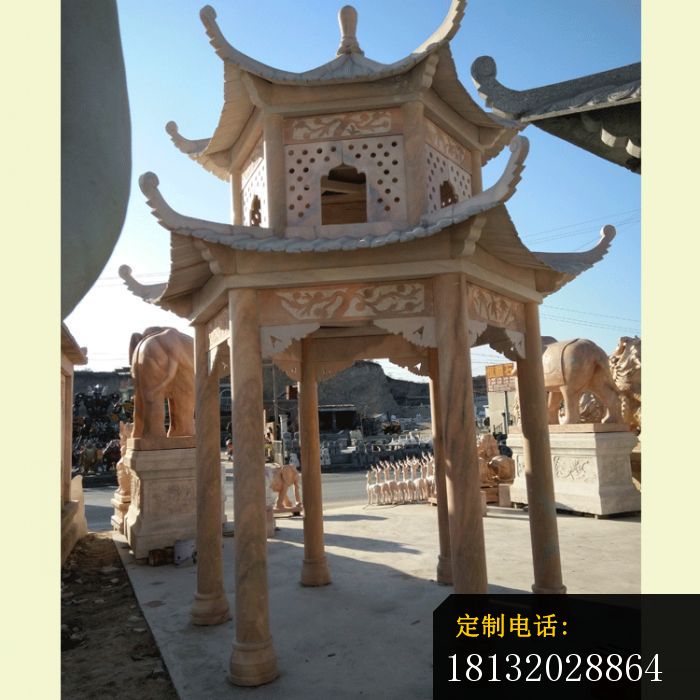 晚霞红六角双层凉亭，公园中式凉亭石雕_700*700