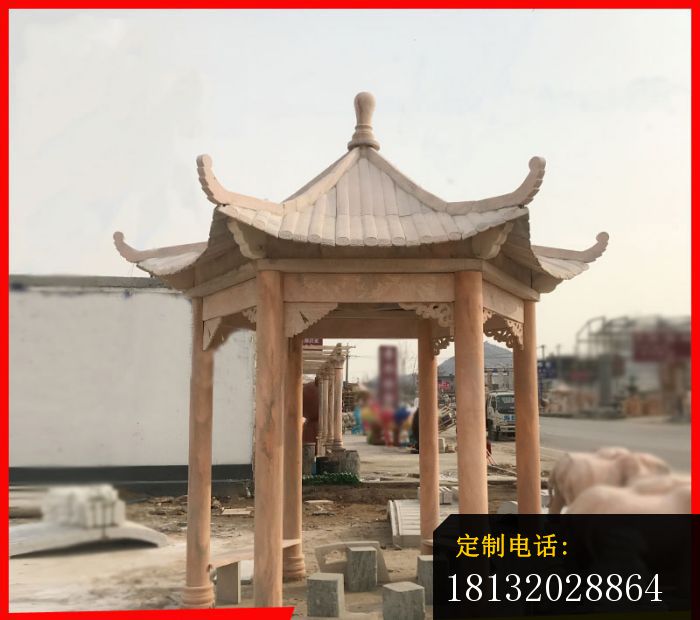 晚霞红六角凉亭石雕，公园石亭子 (3)_700*620