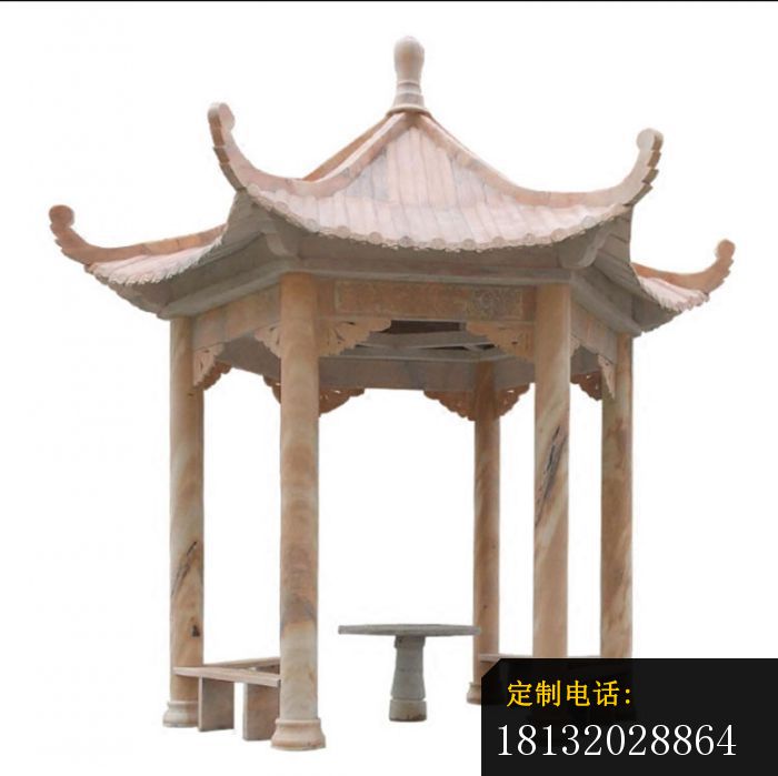 晚霞红六角凉亭石雕，公园石亭子 (5)_700*699