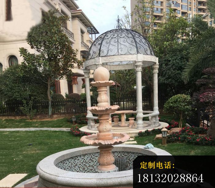 晚霞红三层风水球喷泉，小区喷泉石雕_700*612