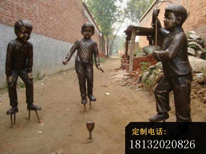 玩陀螺的儿童铜雕，公园小品铜雕_680*509