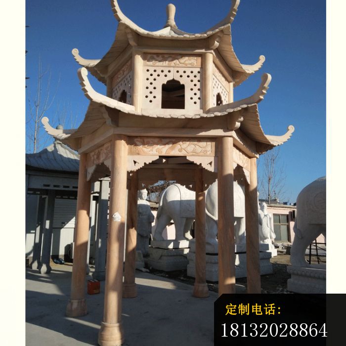 晚霞红双层凉亭石雕，公园六角凉亭石雕_700*700