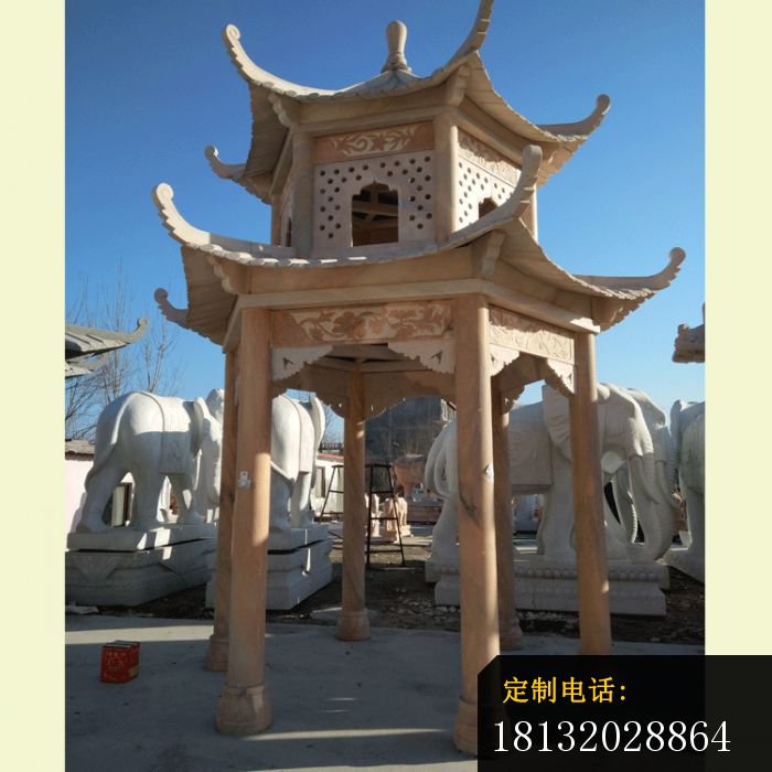 晚霞红双层凉亭石雕，公园六角凉亭石雕 (4)_700*700