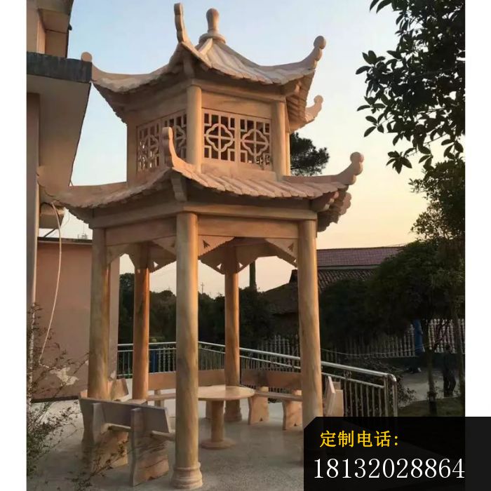 晚霞红双层凉亭石雕，公园六角凉亭石雕 (2)[2]_700*700
