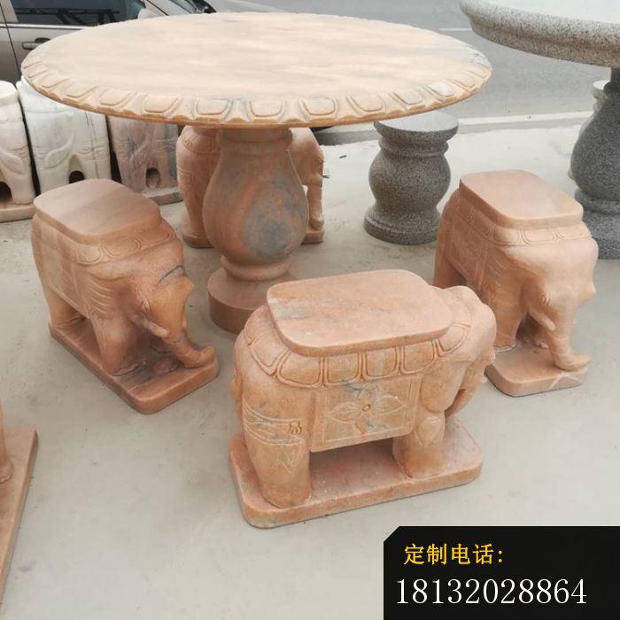 晚霞红小象桌凳石雕，别墅石雕桌凳 (6)_700*700