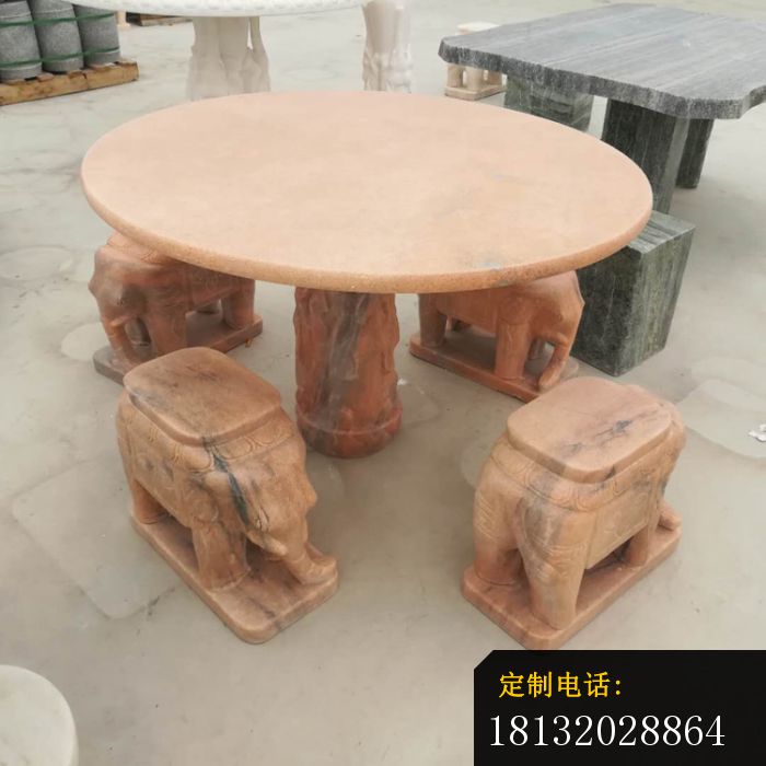 晚霞红小象桌凳石雕，别墅石雕桌凳 (3)_700*700