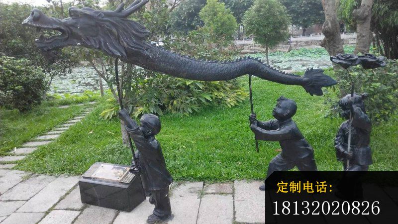 舞龙的小孩铜雕，公园小品铜雕_800*450