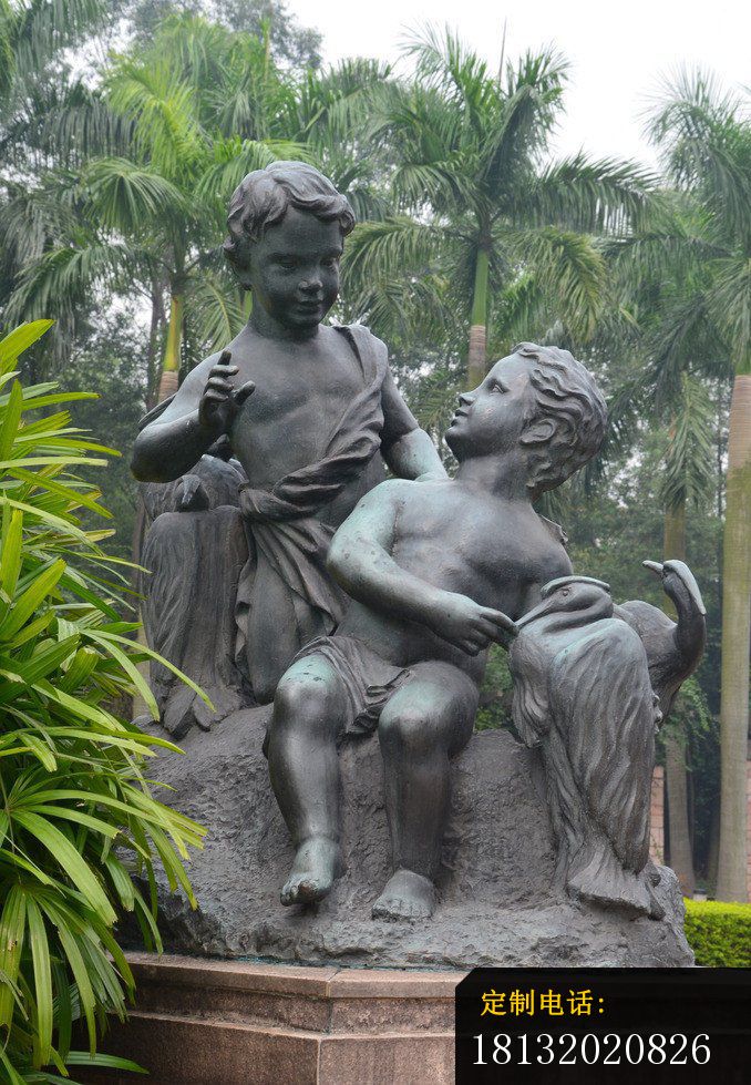 西方男孩和仙鹤铜雕，公园景观铜雕_678*979