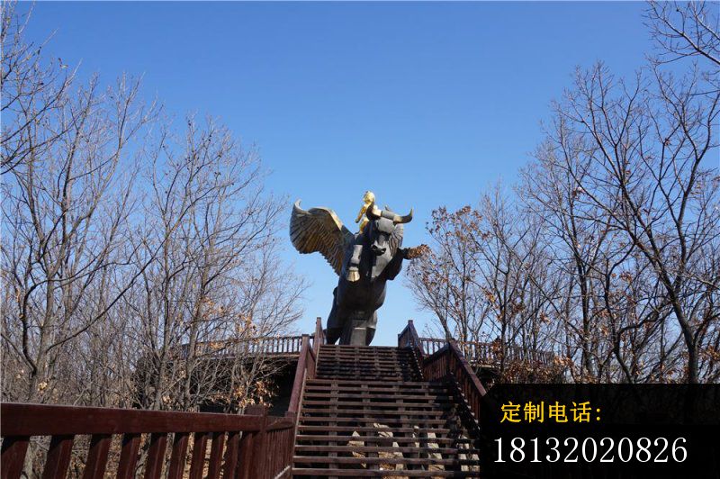 站在飞牛上的小男孩铜雕，公园景观铜雕_800*532