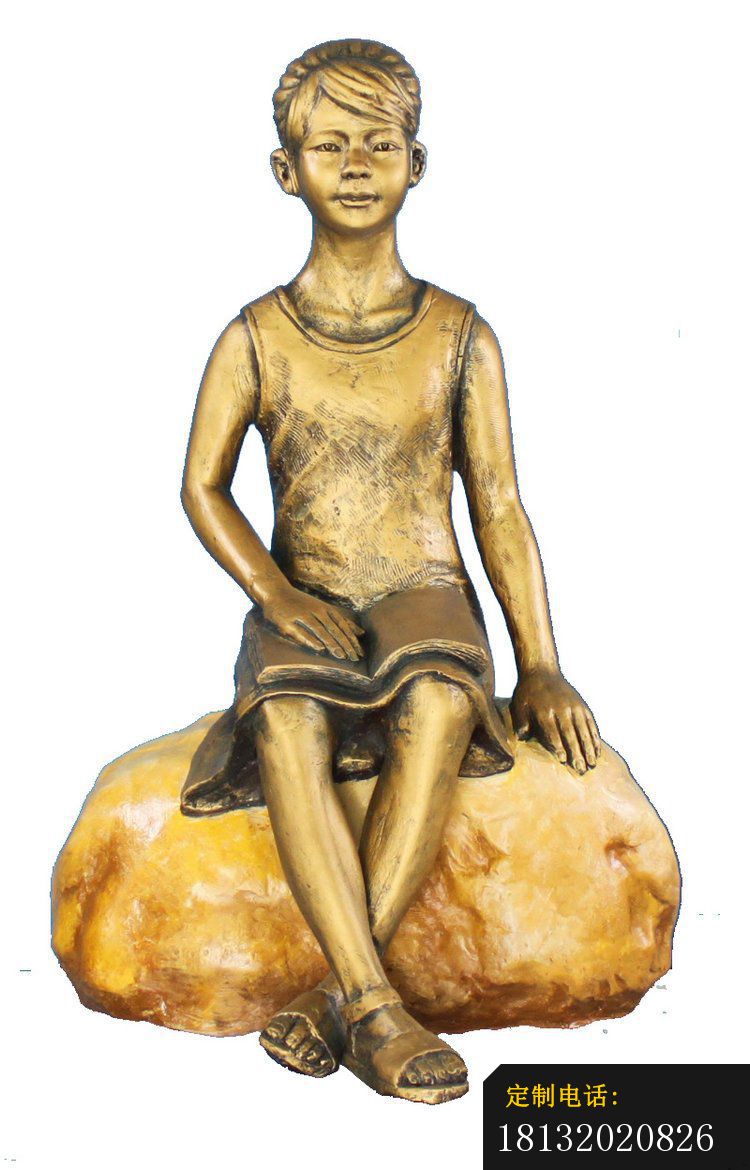 坐着石头看书的小女孩铜雕，公园人物铜雕 (4)_750*1170