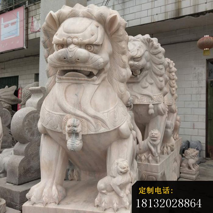 晚霞红狮子石雕寺庙景观雕塑_700*700