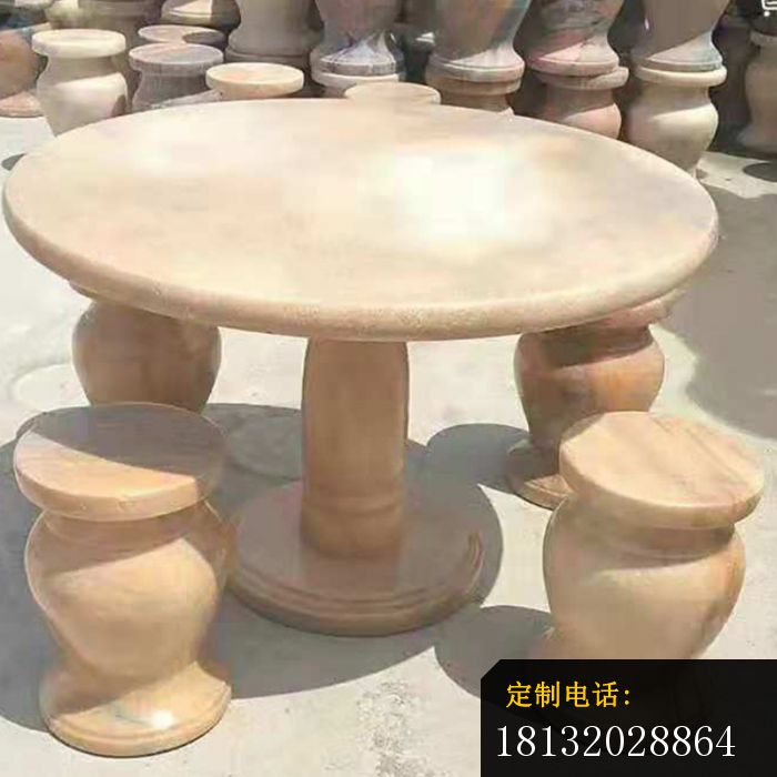 圆形石桌凳晚霞红桌凳雕塑_700*700