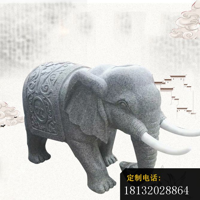 长鼻象牙小象石雕公园动物雕塑 (1)_668*668