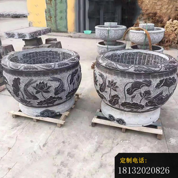 鲤鱼荷花石浮雕水缸庭院景观石雕 (1)_750*750