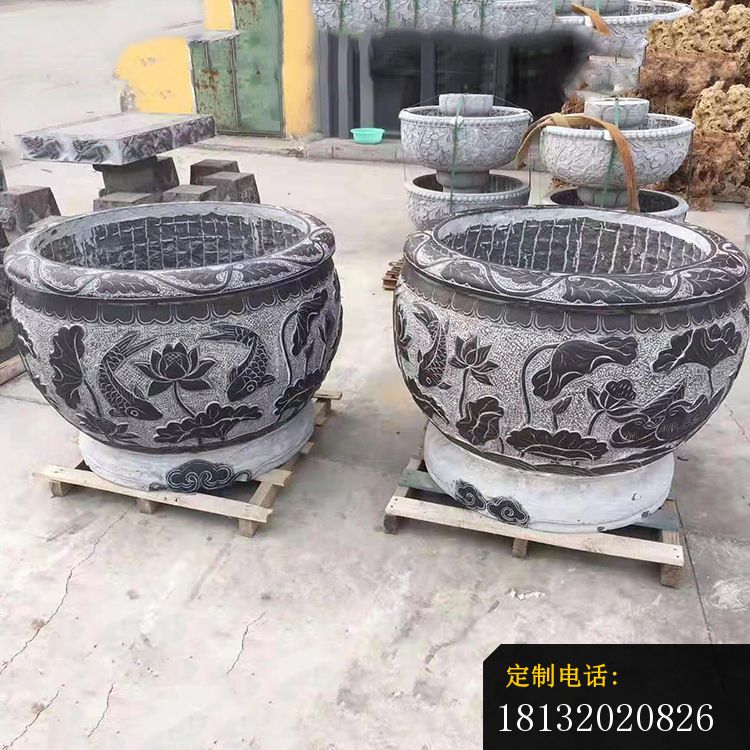 鲤鱼荷花石浮雕水缸庭院景观石雕 (2)_750*750