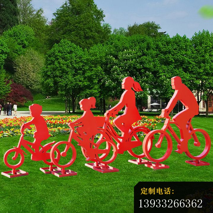 园林抽象一家四口骑单车雕塑_719*719