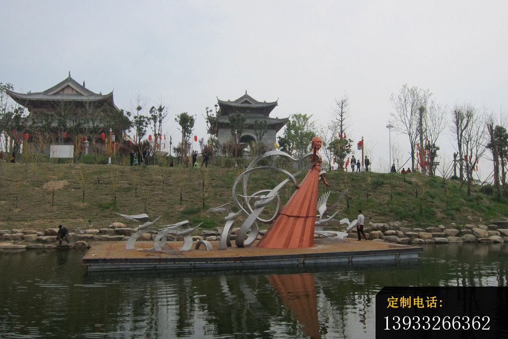 公园不锈钢抽象仙鹤和仙女雕塑_1024*684
