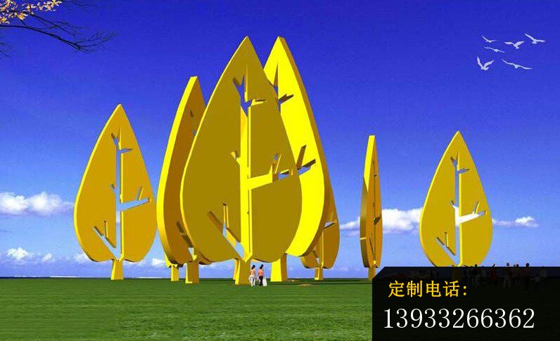 公园不锈钢抽象树叶雕塑_796*486