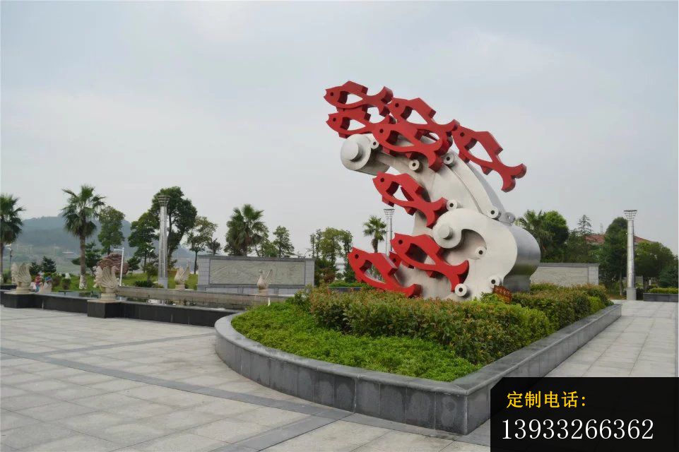 公园不锈钢抽象鱼群雕塑_961*640