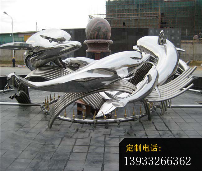 城市不锈钢浪花和海豚雕塑_650*550
