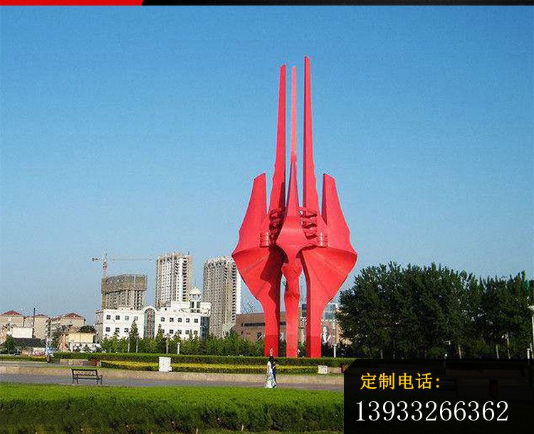 广场红色不锈钢树叶雕塑_750*610