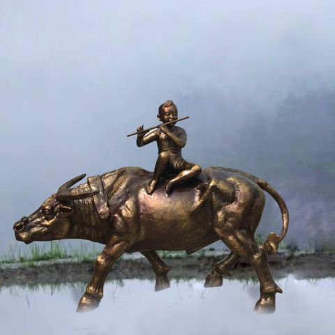 园林牧童骑牛铜雕