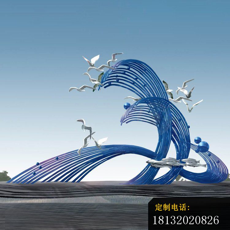 景区不锈钢抽象海浪和海鸥雕塑_750*750