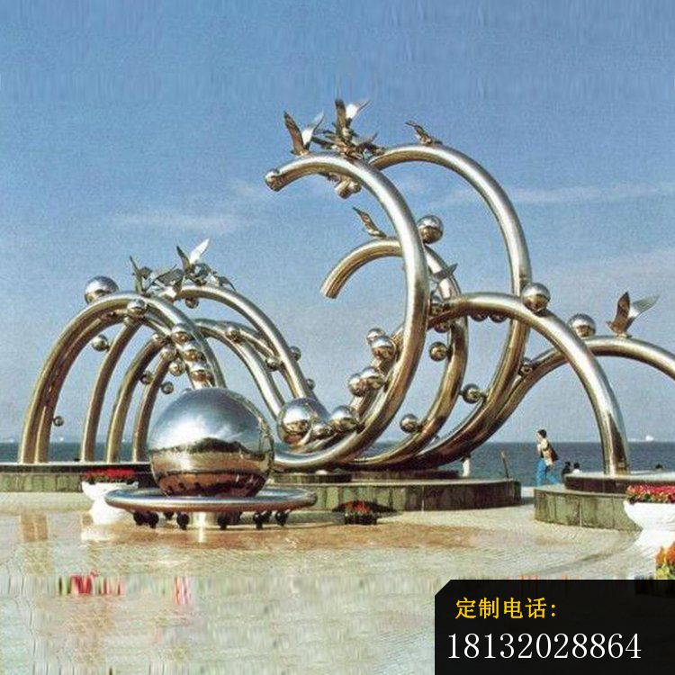 海边抽象不锈钢海浪和海鸥雕塑_750*750