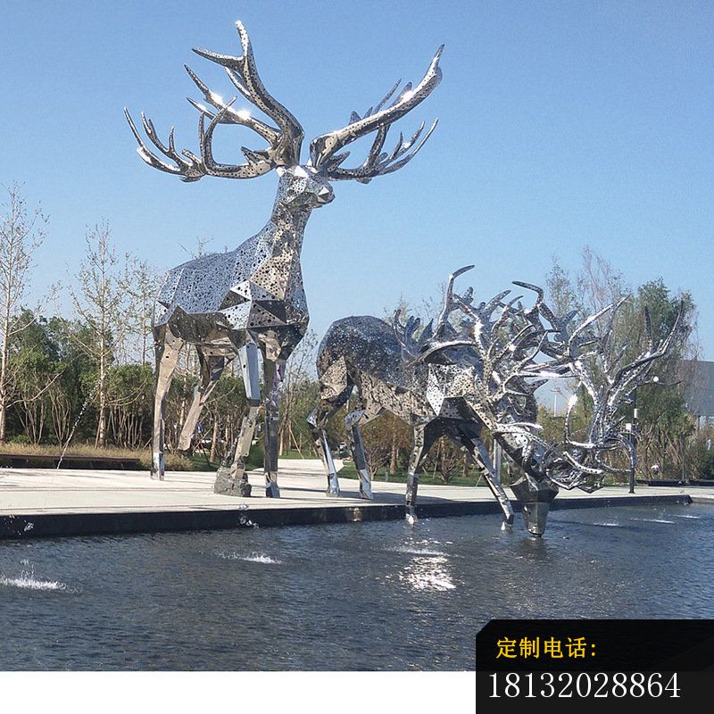 公园不锈钢几何鹿喝水雕塑_800*800