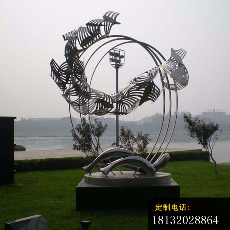 广场不锈钢抽象海豚圆环雕塑_750*750