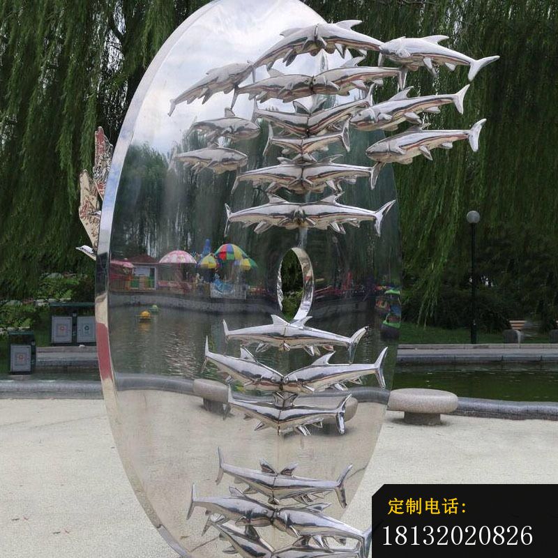 公园镜面不锈钢抽象鱼群雕塑_800*800