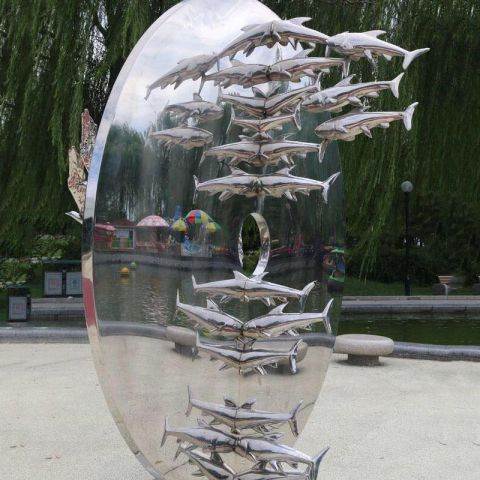 不锈钢镜面飞鸟鱼群雕塑